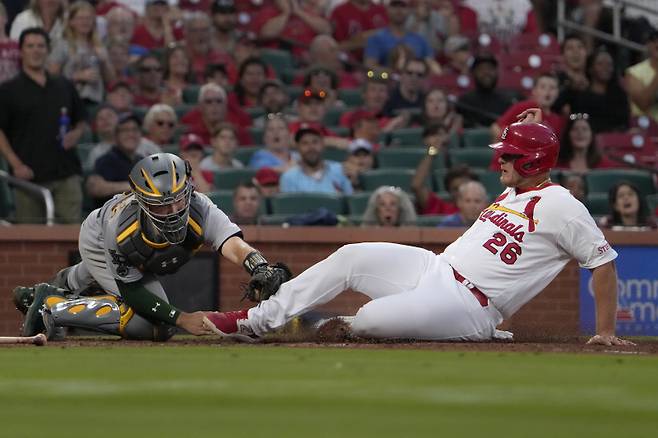 <yonhap photo-1999=""> St. Louis Cardinals' Luken Baker (26) is tagged out at home by Oakland Athletics catcher Shea Langeliers during the seventh inning of a baseball game Wednesday, Aug. 16, 2023, in St. Louis. (AP Photo/Jeff Roberson)/2023-08-17 09:55:52/ <저작권자 ⓒ 1980-2023 ㈜연합뉴스. 무단 전재 재배포 금지.></yonhap>