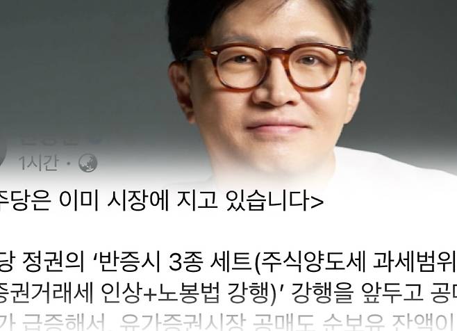한동훈 전 국민의힘 대표(위)의 4일자 페이스북 글 일부. ‘반시장 입법’ 기조를 강하게 겨냥했다.