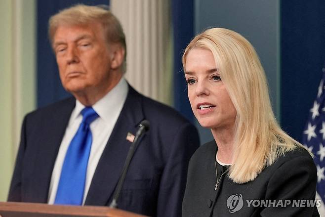 백악관서 브리핑하는 팸 본디 법무장관 [로이터 연합뉴스 자료사진]