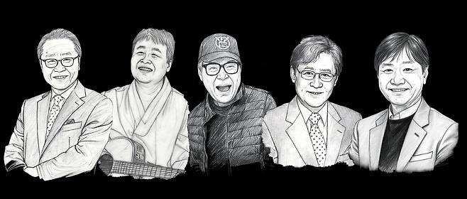 '쎄시봉, 더 라스트 콘서트' 출연진 왼쪽부터 방송인 이상벽, 가수 송창식, 조영남, 윤형주, 김세환 [쇼플러스 제공. 재판매 및 DB 금지]