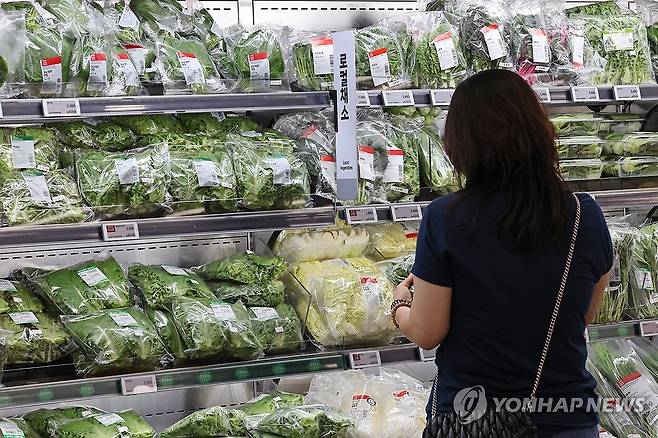 폭염·폭우에 채소류 물가 상승…7월 물가 2.1%↑ (서울=연합뉴스) 임화영 기자 = 7월 폭염·폭우 영향으로 농산물 가격이 많이 오르면서 소비자물가가 두 달째 2%대 상승세를 이어갔다. 사진은 5일 서울 시내 한 대형마트의 채소 코너. 2025.8.5 hwayoung7@yna.co.kr