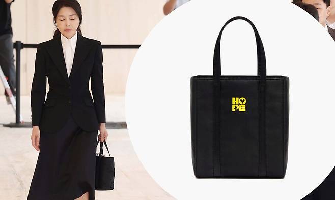 윤석열 전 대통령의 부인 김건희 여사가 6일 서울 종로구 케이티(KT)광화문빌딩 웨스트에 마련된 민중기 특검팀 사무실에 피의자 신분으로 출석하고 있다. 원 안은 김 여사가 들고 온 가방 판매 사진. 사진공동취재단, 쇼핑몰 누리집 갈무리