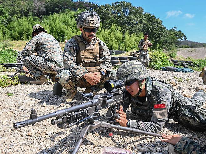 무더위 잊고…한·미 해병대 ‘KMEP 연합훈련’ 한·미 해병대 장병들이 KMEP(Korea Marine Exercise Program) 연합훈련의 일환으로 개인 및 공용화기 실사격 훈련을 하고 있다. 해병대는 지난달 중순부터 미 해병대와 김포·강화·포항·포천·동두천 등지에서 KMEP 연합훈련을 하고 있다고 6일 밝혔다. 연합뉴스