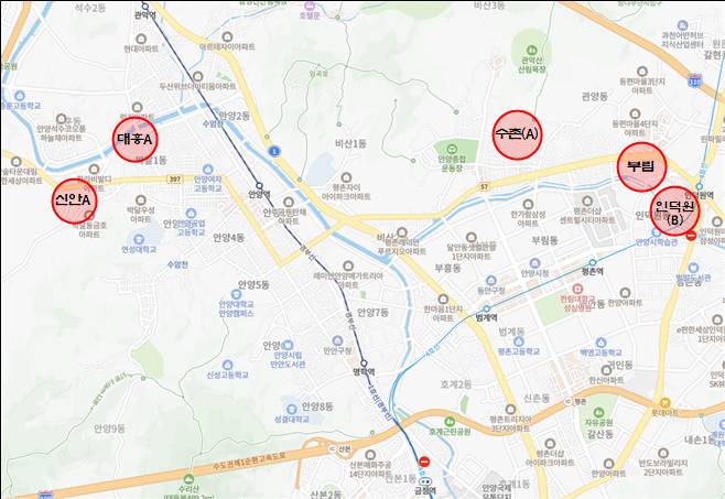 안양시가 재건축 추진위를 승인한 5곳 위치도./사진제공=안양시