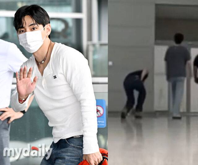 뷔가 공항에서 쓰레기를 주워 화제다. / (왼쪽) 마이데일리 DB, (오른쪽) 온라인 커뮤니티 캡처