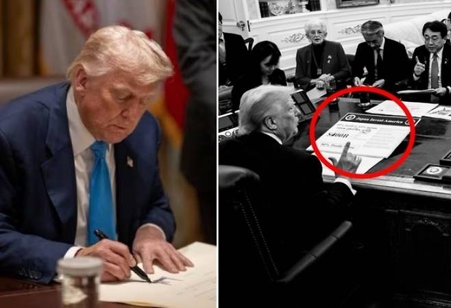 왼쪽은 지난달 31일 오전(현지시간) 백악관이 공식 페이스북 계정에 한국과의 관세 협상 타결을 밝히면서 공개한 트럼프 대통령의 서명 사진. 오른쪼은 트럼프 대통령이 지난달 22일 백악관 집무실에서 일본의 무역 협상팀과 만난 자리에서 일본의 대미 투자액으로 4000억 달러라고 인쇄된 수치를 지우고 수기로 5000억 달러로 적는 모습. 백악관 엑스 캡처