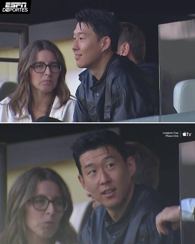 6일 미국 로스앤젤레스(LA) BMO 스타디움을 찾아 LAFC와 티그레스의 리그스컵 경기를 관전하고 있는 손흥민. /사진=ESPN 데포르테스 SNS 캡처