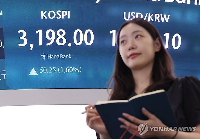 코스피, 1.6% 올라 3,200선 목전 마감 (서울=연합뉴스) 서명곤 기자 = 코스피가 전장보다 50.25포인트(1.60%) 오른 3,198.00에 장을 마친 5일 서울 중구 하나은행 본점 딜링룸에서 한 딜러가 자료를 살피고 있다. 2025.8.5 seephoto@yna.co.kr