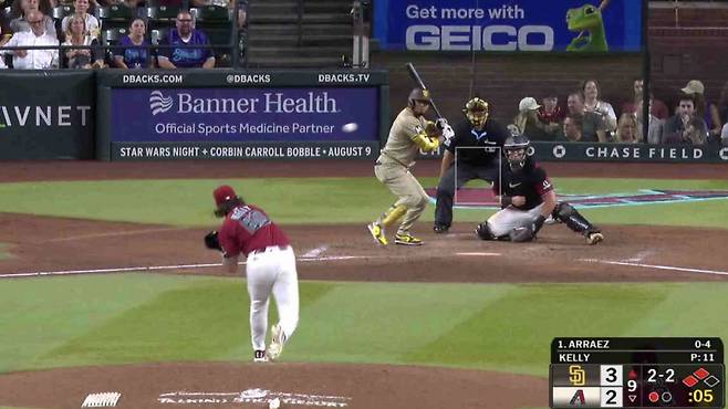 케이시 켈리가 루이스 아라에즈에 투구하고 있다. 사진=MLB.TV 캡처