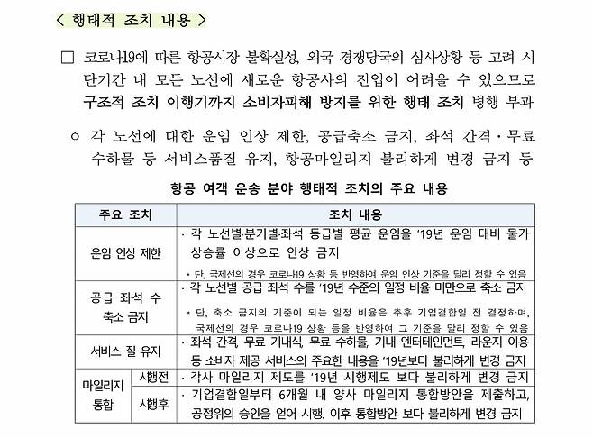 지난 2022년 공정거래위원회가 대한항공과 아시아나항공의 기업결합 승인 시 요구한 시정조치 내용. 서비스 질 유지를 위해 좌석 간격을 2019년보다 불리하게 변경할 수 없도록 했다./공정거래위원회 제공