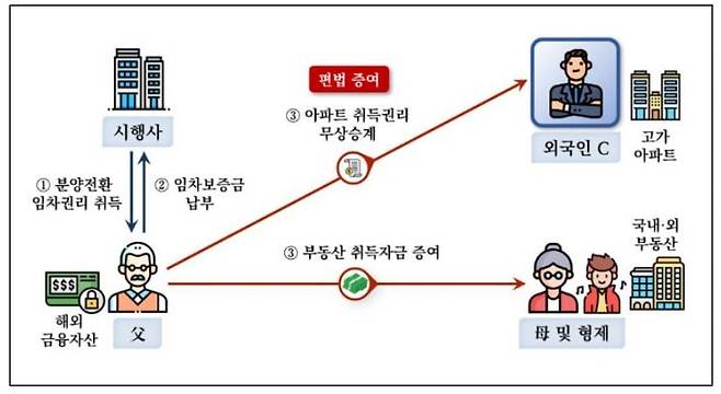 국세청은 외국인의 부동산 취득 자금 출처를 조사하는 과정에서 증여세 탈루 의혹이 포착됐다고 7일 밝혔다. 그림은 탈루 의혹 인포그래픽. /국세청 제공