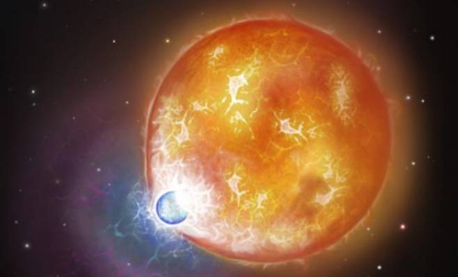 초거대 백색왜성 WD 0525+526 형성 당시를 묘사한 이미지. 워릭대 제공.