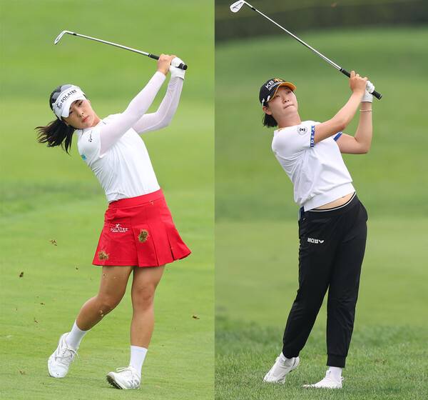 2025년 한국여자프로골프(KLPGA) 투어 제12회 제주삼다수 마스터스에 출전한 장타자 윤이나, 방신실 프로가 1라운드에서 경기하는 모습이다. 사진제공=KLPGA
