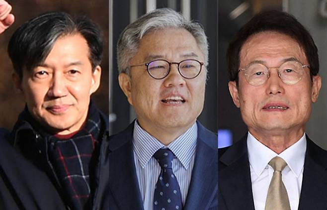 조국혁신당 조국 전 대표(왼쪽)와 최강욱 전 의원(가운데), 조희연 전 서울시 교육감(오른쪽). 황진환 기자·연합뉴스