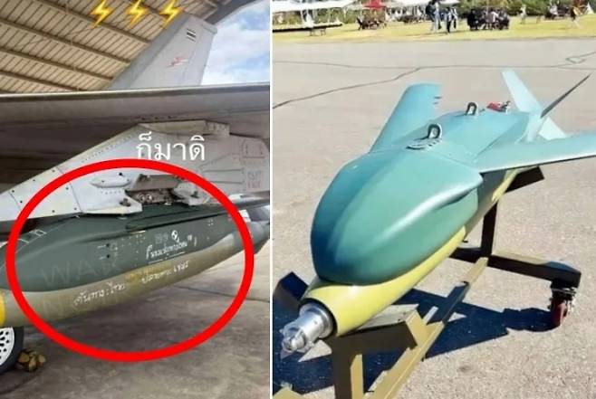 왼쪽은 태국 공군 F-16A에 장착된 한국산 KGGB 폭탄, 오른쪽은 2022년 10월 한국에서 열린 세계 군사문화 박람회에 전시된 KGGB. 엑스(X·옛 트위터)