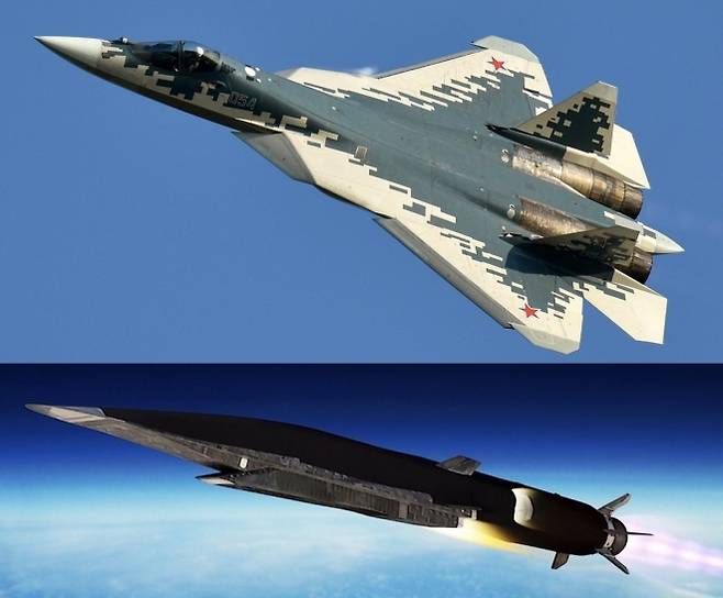 러시아 Su-57 전투기와 극초음속 순항미사일 지르콘의 그래픽 이미지. 자료사진