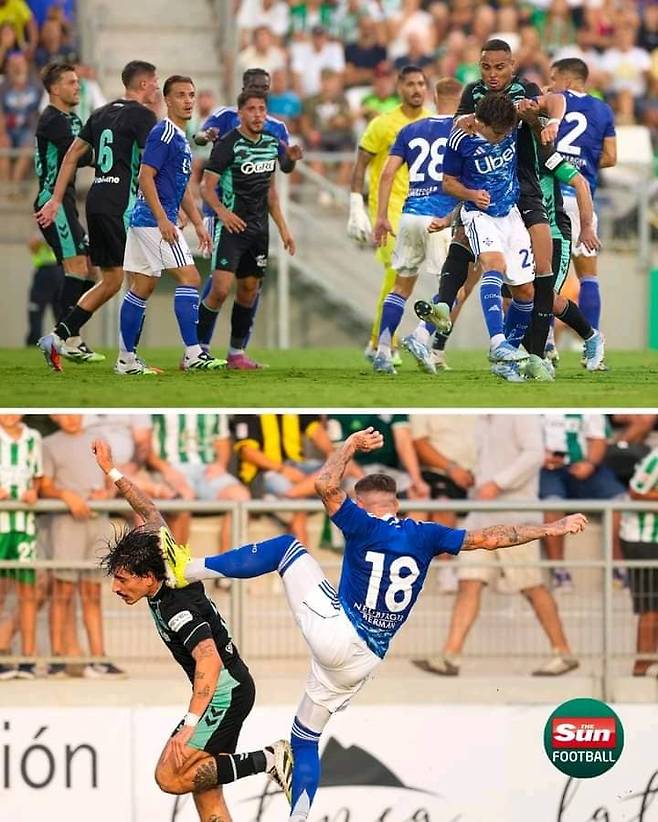 7일(한국시간) 스페인 카디스의 에스타디오 무니시팔 데 라 리네아 데 라 콘셉시온에서 열린 레알 베티스(스페인·검은색)와 코모(이탈리아)의프리시즌 친선경기에서 발생한 양 팀 선수들 난투극(위) 장면. 아래는 경기 중 발생한 코모의 파울 순간. /사진=더선 SNS 캡처