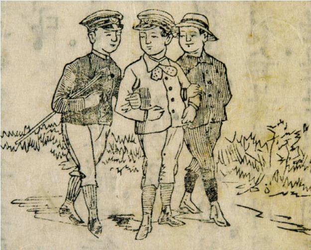 소학교 학생들의 모습을 유추할 수 있는 <신정심상소학> 권2(1896)에 실린 삽화 '동무 모습'. 등장 학생들의 모습이 일본식 복장을 하고 있다.