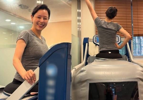 만삭의 이하늬가 러닝머신에서 걸으며 환하게 미소짓고 있다. [사진=이하늬 SNS]