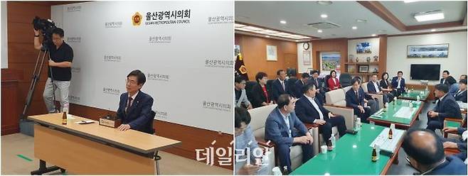 조경태 국민의힘 당대표 후보가 7일 울산 남구에 위치한 울산광역시의회에서 열린 기자회견에서 발언하고 있는 모습(왼쪽)과 울산시의회 의원들과 면담을 하고 있는 모습(오른쪽) ⓒ데일리안 김민석 기자