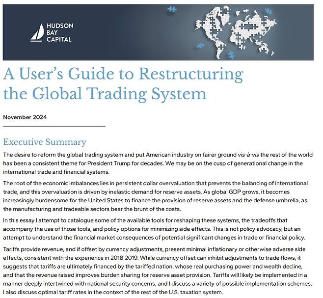 스티븐 미런이 발표한 ‘글로벌 무역체계 재구조화 사용자 가이드’라는 41쪽짜리 보고서 [허드슨베이캐피털매니지먼트]