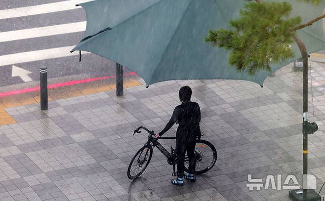 [서울=뉴시스] 홍효식 기자 = 소나기가 내린 8일 서울 중구 을지로1가 사거리에서 한 시민이 그늘막 아래에서 비를 피하고 있다. 2025.08.08. yesphoto@newsis.com