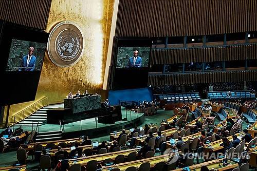 7월 29일 유엔 본부에서 팔레스타인 관련 발언하는 영국 외무 장관 [로이터 연합뉴스 제공]