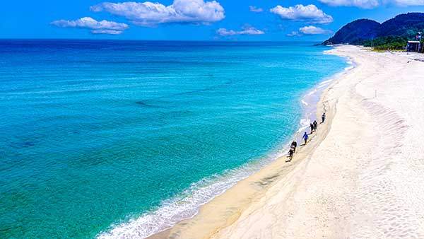 울진군의 '맨발걷기 인프라'는 전국 최고 수준이다. 신발장과 세족장을 구비해 신발을 들고 다니는 불편함을 없앴다. 기성망양 캠핑장에서 맨발 걷기 하는 사람들. 모래사장에서 하는 맨발걷기는 허리통증으로 고생하는 노년층에 효과가 있다고 한다.