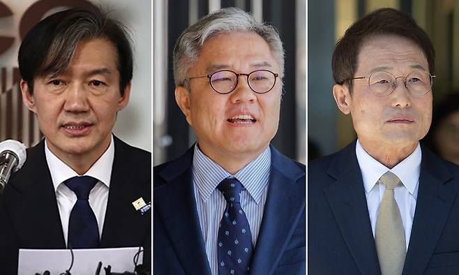 조국혁신당 조국 전 대표(왼쪽부터), 최강욱 전 의원, 조희연 전 서울시 교육감. 연합뉴스