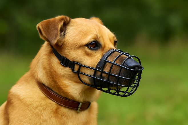인공지능(AI)으로 생성한 입마개 착용 반려견 이미지. 광견병 예방과 안전한 반려 문화 정착을 위해 공격성 있는 개에는 입마개 착용이 권장된다.