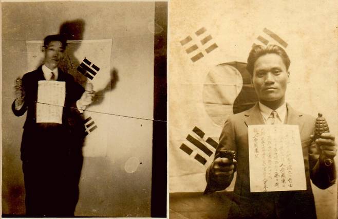 태극기 배경으로 이봉창·윤봉길 의사가 한인애국단에 입단하며 찍은 사진 [독립기념관 제공. 재판매 및 DB 금지]