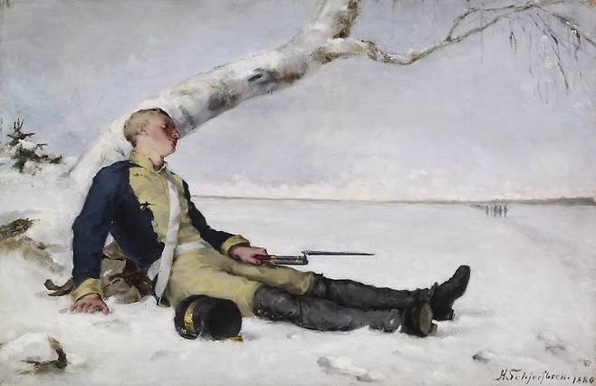 눈 속의 다친 병사(1880). 전투 장면을 보여주는 대신 한 병사의 개인적인 경험과 감정을 중점적으로 묘사한 그림이다. 당시 프랑스 역사화의 최신 트렌드가 반영된 작품이다. /핀란드 국립미술관