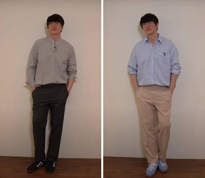 셔츠나 남방의 어깨선을 맞췄을 때(왼쪽)와 그렇지 않았을 때 스타일이 달라진다. 옷의 어깨선과 자신의 어깨점이 맞으면 슬림하고 정돈된 느낌을 준다. 성시경 유튜브 캡처