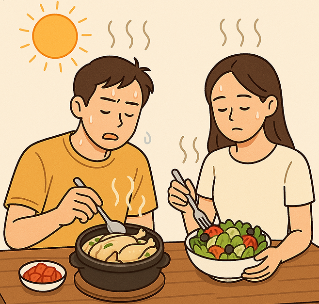 복날 보양식으로 삼계탕 등 뜨거운 국물 요리를 찾는 사람부터 가볍게 즐길 수 있는 샐러드를 찾는 젊은이들도 늘고 있다. 챗GPT 이미지