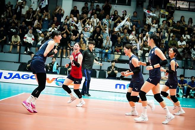 승리 후 기뻐하는 한국 U-21 여자배구 대표팀 선수들 [FIVB 홈피 캡처. 재판매 및 DB 금지]