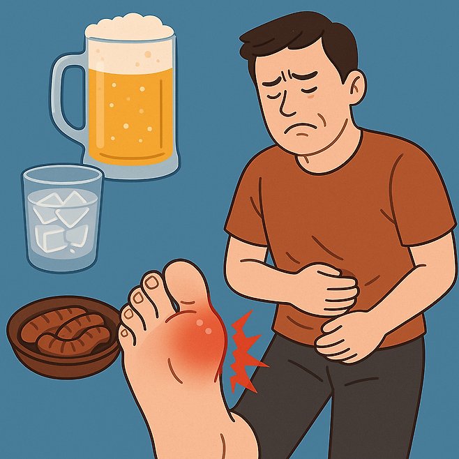 통풍으로 발 통증을 겪고 있는 남성