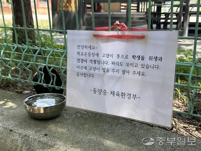 ▲ 지난 8일 인천 계양구 동양동에 소재한 인천동양근린공원 인근 인천동양중학교 담벼락에 고양이 급식 자제를 요구하는 안내문이 부착돼 있다. 사진=노선우 기자