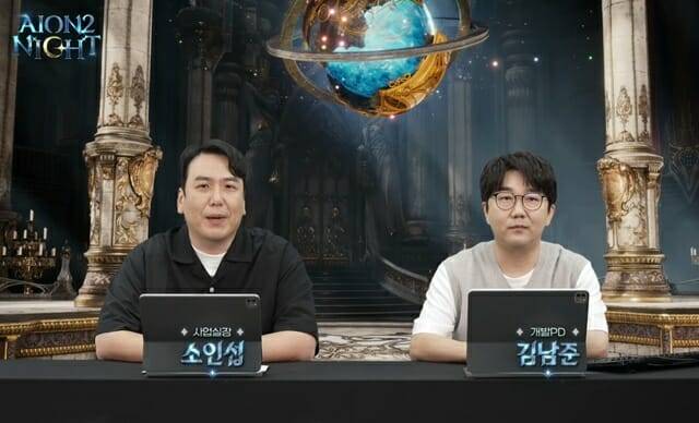 (좌에서 우)엔씨소프트의 아이온2 담당 소인섭 사업 실장과 김남준 개발 PD.