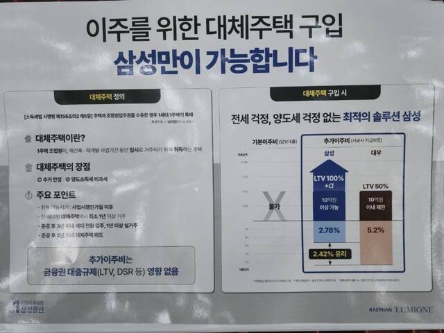 삼성물산이 서울 강남구 개포우성7차 재건축 사업 수주전에서 “이주를 위한 대체주택 구입, 삼성만이 가능합니다”라고 적힌 홍보물을 배포하고 있다. 독자 제공