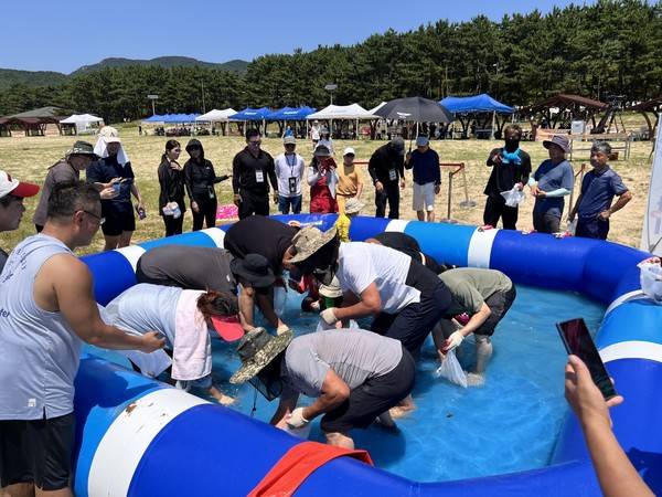 지난 2024년 덕적도 서포리 해수욕장에서 열린 제8회 주섬주섬 음악회 관람객들이 부대 행사로 열린 '맨손으로 살아있는 대하 잡기' 프로그램에 참여하고 있다. [경인방송DB]