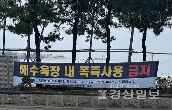 ▲ 울산 동구 일산해수욕장 인근 도로변에 '해수욕장 내 폭죽사용 금지'라는 문구가 적힌 현수막이 설치돼 있다. 동구는 해수욕장 주변에 한국어와 영어로 된 현수막을 걸어 이용객들에게 계도 활동을 벌이고 있다.