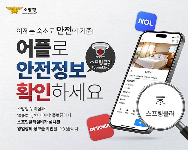 소방청은 숙박시설을 예약할 때 해당 업소에 스프링클러설비가 설치돼 있는지 '놀(NOL)'과 '여기어때'에서 미리 확인할 수 있다고 11일 밝혔다.