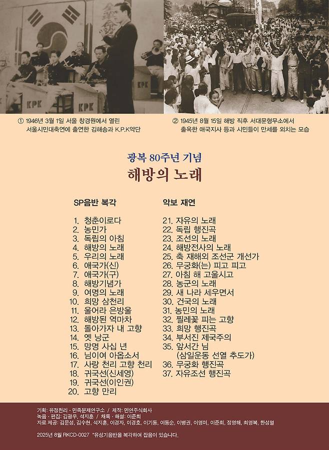 ‘광복 80주년 기념: 해방의 노래’ 음반 앨범 뒷면. 민족문제연구소 제공