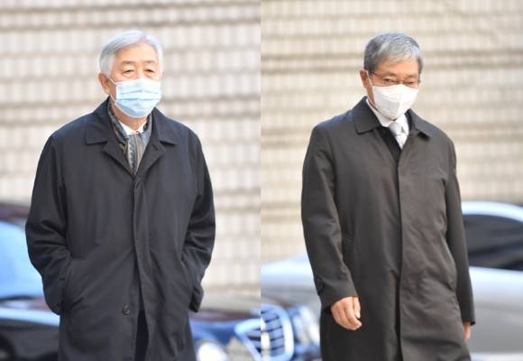 국정농단 사건 파기환송심 재판에 출석 중인 최지성 전 삼성전자 미래전략실장(왼쪽)과 장충기 전 삼성 미래전략실 사장. [사진=아이뉴스24 DB]