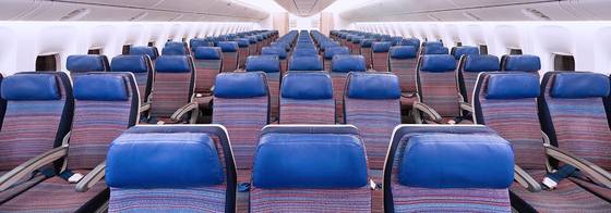 The photo shows the economy cabin of Korean Air’s 777-300ER in a 3-3-3 configuration. [KOREAN AIR]