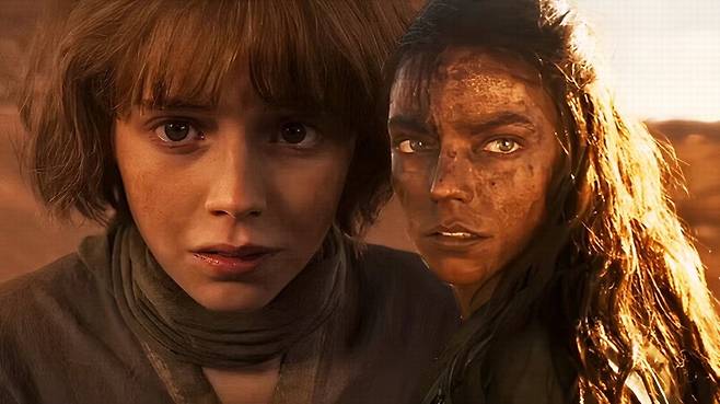 영화 '퓨리오사:매드맥스 사가'에서 애니아 테일러조이(오른쪽)와 아일라 브라운이 각각 성인과 어린 퓨리오사를 맡아, AI 기반 페이스 블렌딩 기술로 두 배우의 얼굴을 점진적으로 합성해 자연스러운 연령 전환을 연출했다. 초반엔 테일러조이 얼굴의 비율이 35% 정도였으며, 성인이 되는 시점엔 80%까지 높아졌다.  워너브러더스