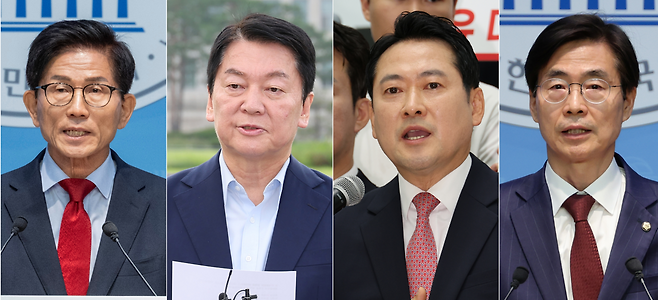 국민의힘은 8·22 전당대회 당 대표 선거에 출마한 김문수 전 고용노동부 장관, 안철수 의원, 장동혁 의원, 조경태 의원(왼쪽부터,가나다순)  [연합]