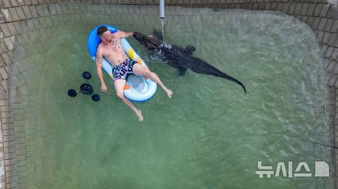 [뉴시스] 약 2.4m 길이의 거대한 악어를 반려동물로 키우는 남성.(사진=프리프레스저널)