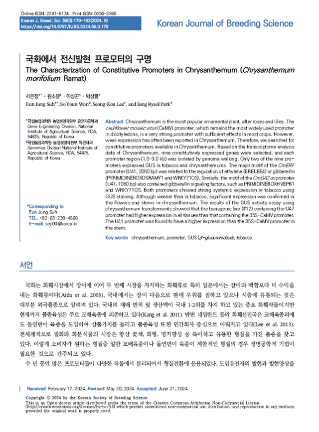 2024년 국화용 프로모터 개발 내용을 담은 논문이 한국 육종학회지에 실렸다. 국화는 기존 프로모터가 작동하지 않아 유전자 기능 연구에 어려움이 많았다. 농촌진흥청