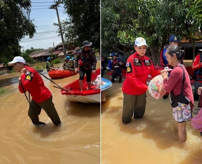 미스 태국 출신 배우 파나다 웡푸디가 최근 홍수 피해 지역을 찾아 직접 배를 끌고 수재민에게 구호품을 나눠주며 봉사하는 모습. 파나다 웡푸디 인스타그램 캡처